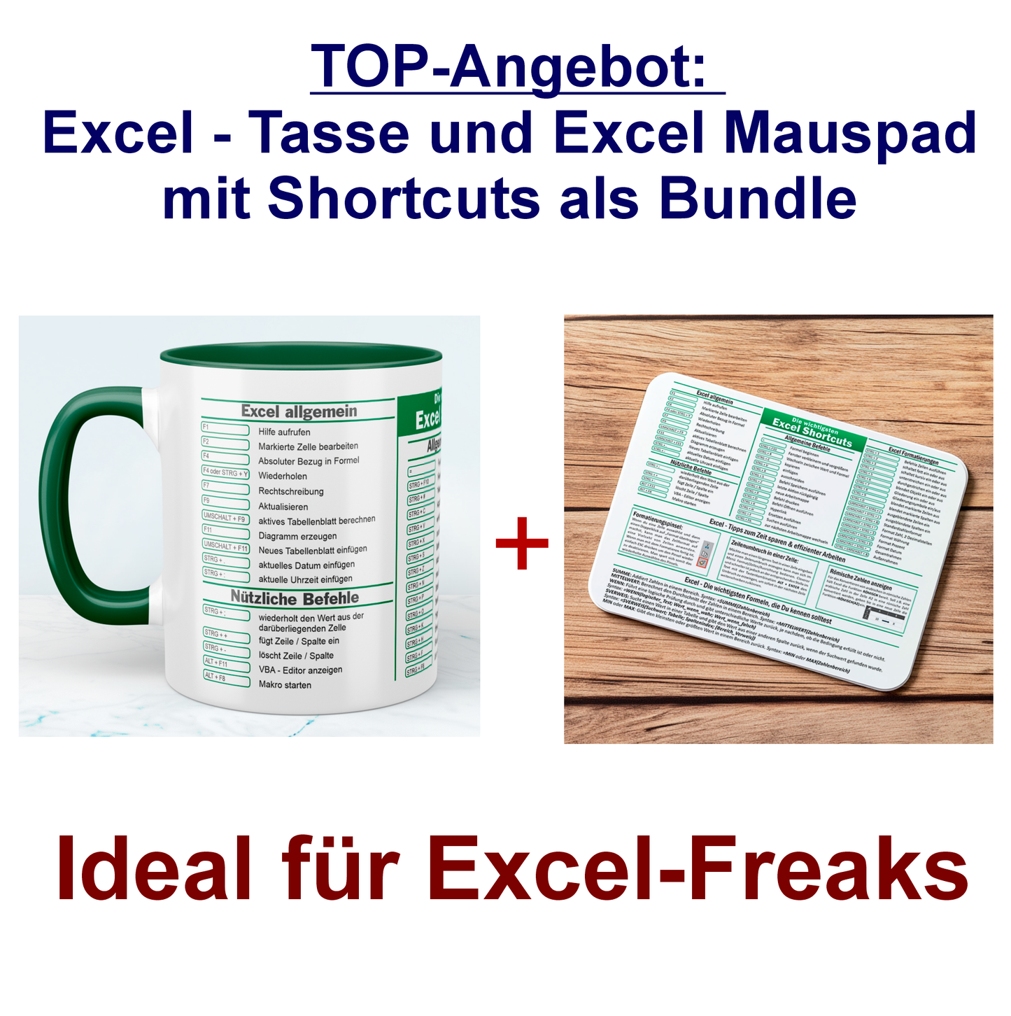 TOP-Angebot: Excel - Tasse und Excel Mauspad mit Shortcuts als Bundle, ideal für Excel-Freaks