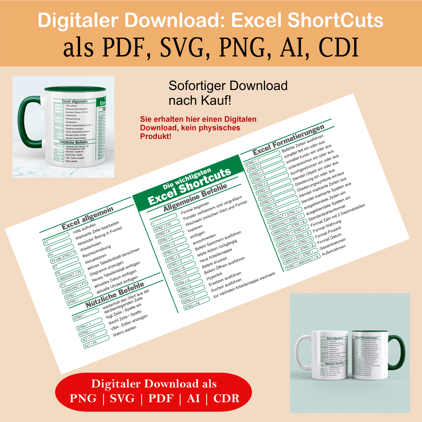 Excel ShortCuts Vorlage - Digitaler Download, lustige Tassen, Mockup Becher, Kaffeetassen, Sofort Drucken und Tasse erstellen