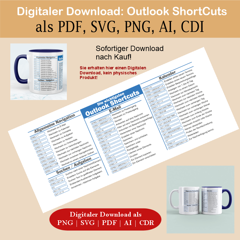Outlook ShortCuts Vorlage - Digitaler Download, lustige Tassen, Mockup Becher, Kaffeetassen, Sofort Drucken und Tasse erstellen