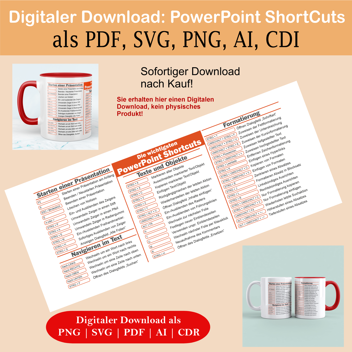 PowerPoint ShortCuts Vorlage - Digitaler Download, lustige Tassen, Mockup Becher, Kaffeetassen, Sofort Drucken und Tasse erstellen