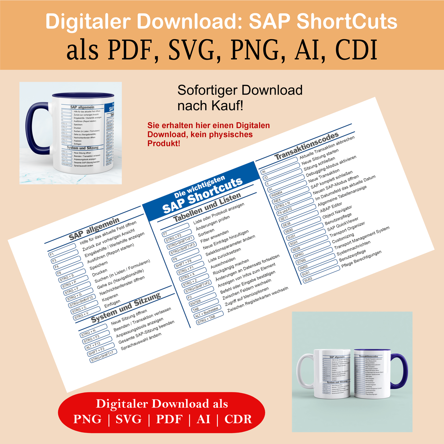 SAP ShortCuts Vorlage - Digitaler Download, lustige Tassen, Mockup Becher, Kaffeetassen, Sofort Drucken und Tasse erstellen