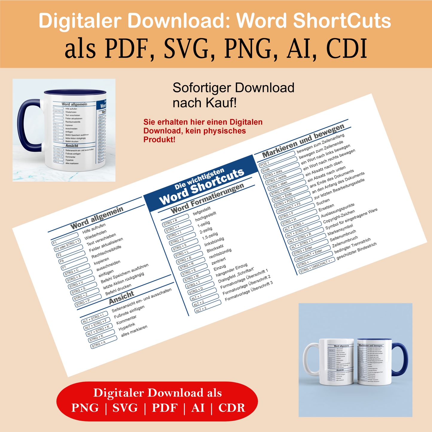 Word ShortCuts Vorlage - Digitaler Download, lustige Tassen, Mockup Becher, Kaffeetassen, Sofort Drucken und Tasse erstellen
