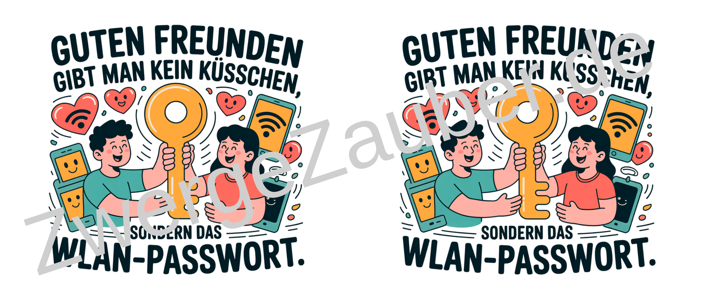 Witzige Bürotasse mit Spruch: Guten Freunden gibt man kein Küsschen, sondern das WLAN-Passwort