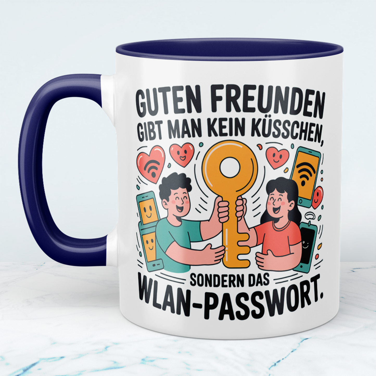 Witzige Bürotasse mit Spruch: Guten Freunden gibt man kein Küsschen, sondern das WLAN-Passwort