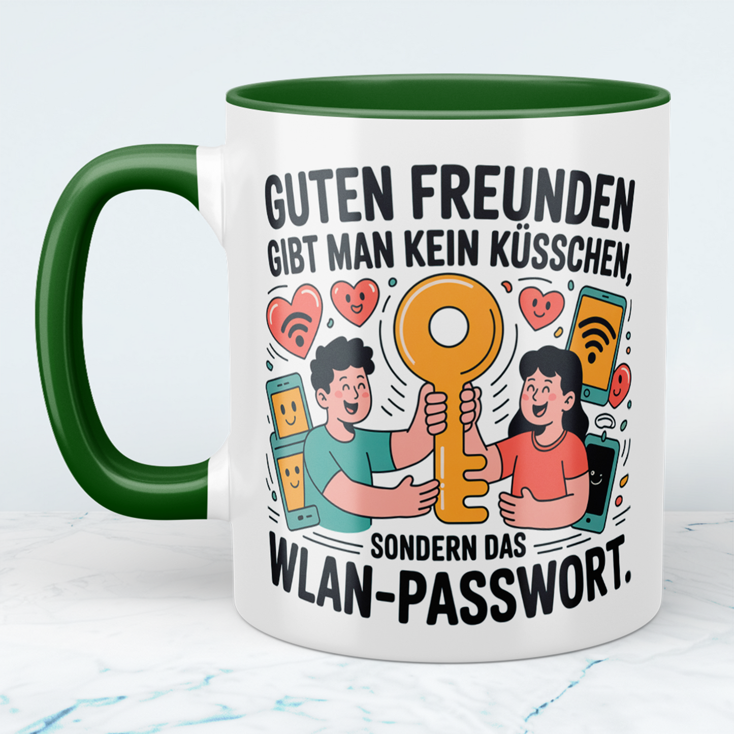 Witzige Bürotasse mit Spruch: Guten Freunden gibt man kein Küsschen, sondern das WLAN-Passwort