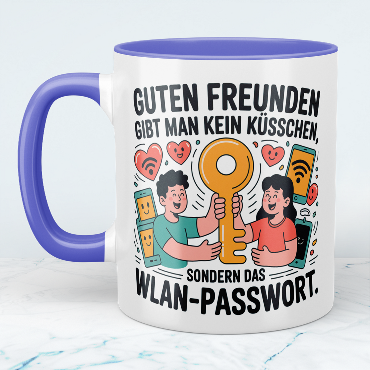Witzige Bürotasse mit Spruch: Guten Freunden gibt man kein Küsschen, sondern das WLAN-Passwort