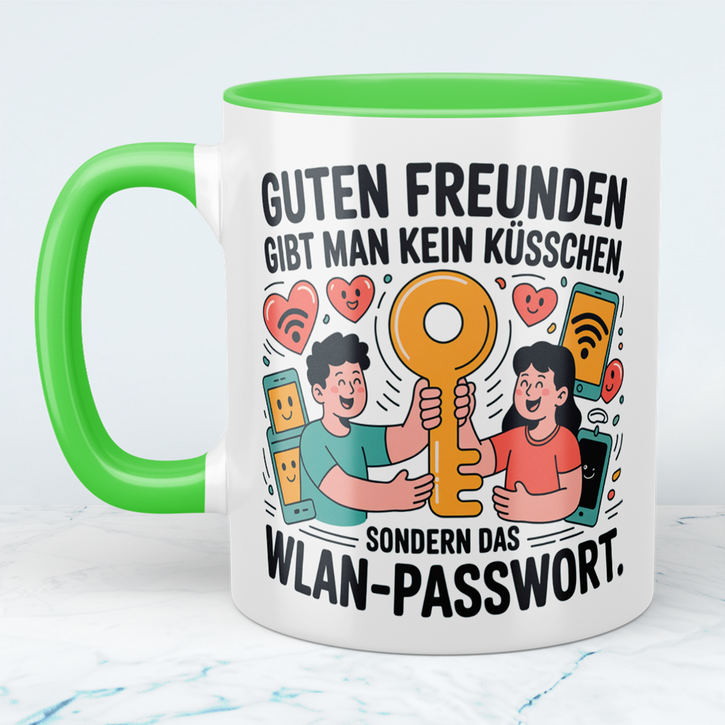 Witzige Bürotasse mit Spruch: Guten Freunden gibt man kein Küsschen, sondern das WLAN-Passwort