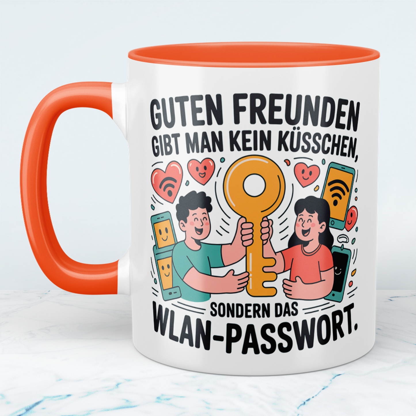 Witzige Bürotasse mit Spruch: Guten Freunden gibt man kein Küsschen, sondern das WLAN-Passwort