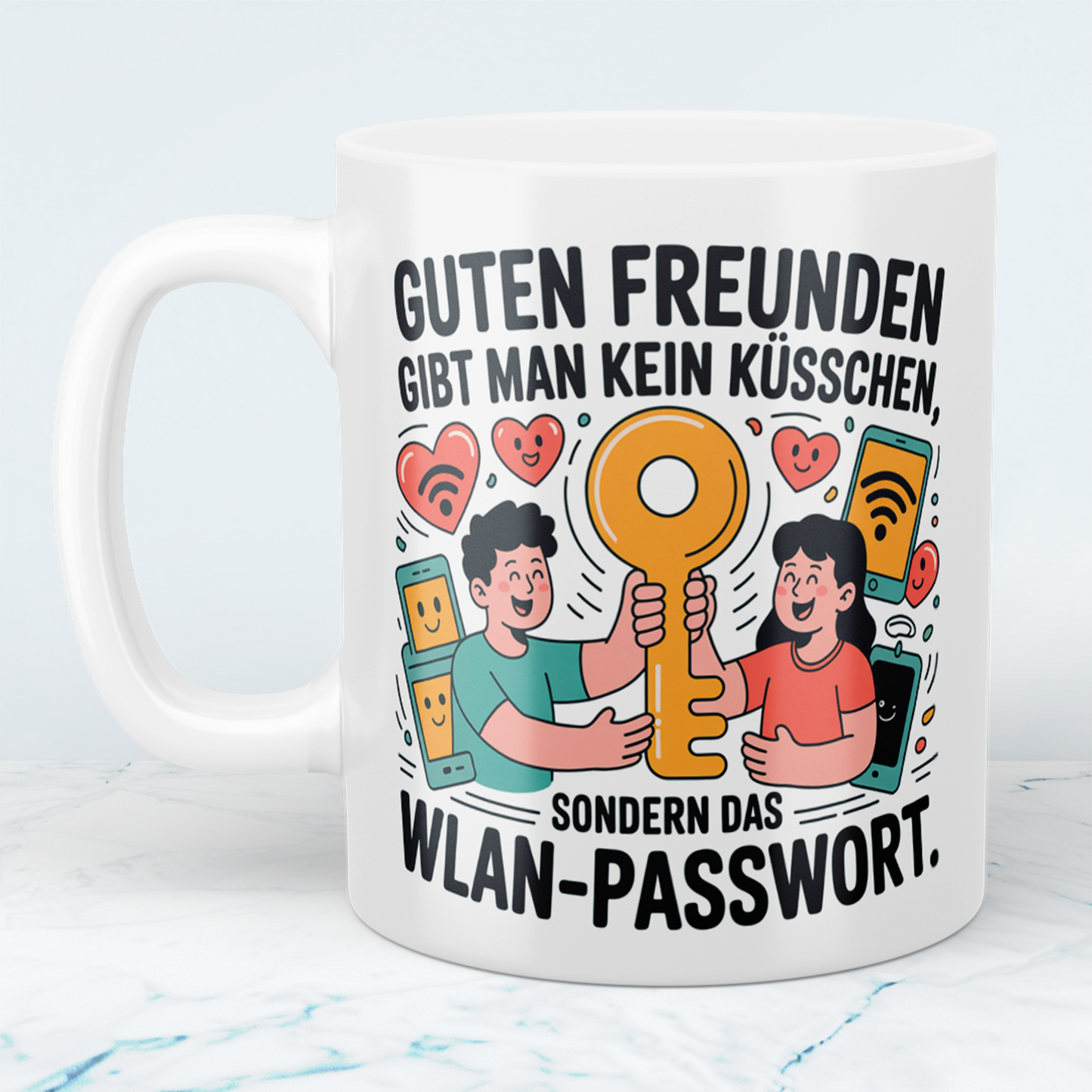 Witzige Bürotasse mit Spruch: Guten Freunden gibt man kein Küsschen, sondern das WLAN-Passwort