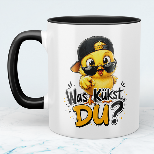 Tasse „Was kükst Du“ – lustige Hühner-Tasse mit frechem Spruch