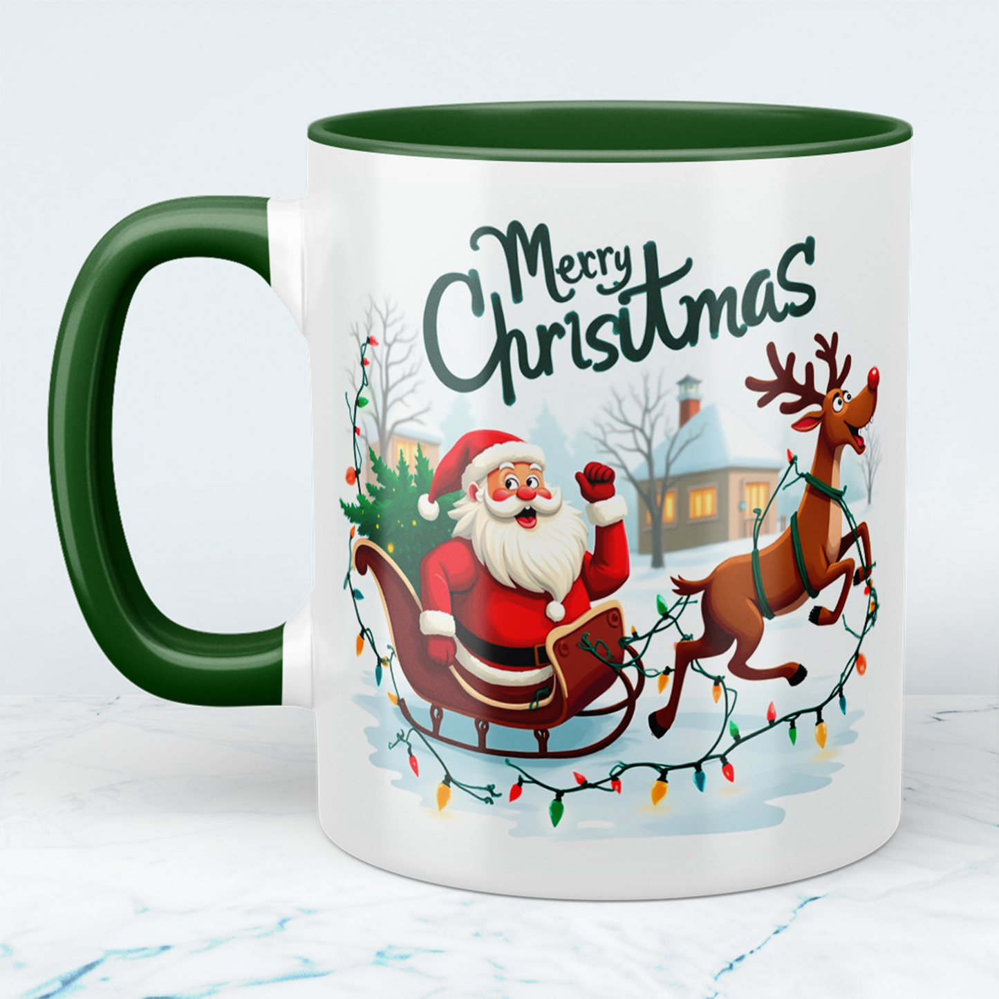 Witzige Tasse mit Weihnachtsmann, Schlitten und Rentier – ein zauberhaftes Geschenk für die Feiertage!