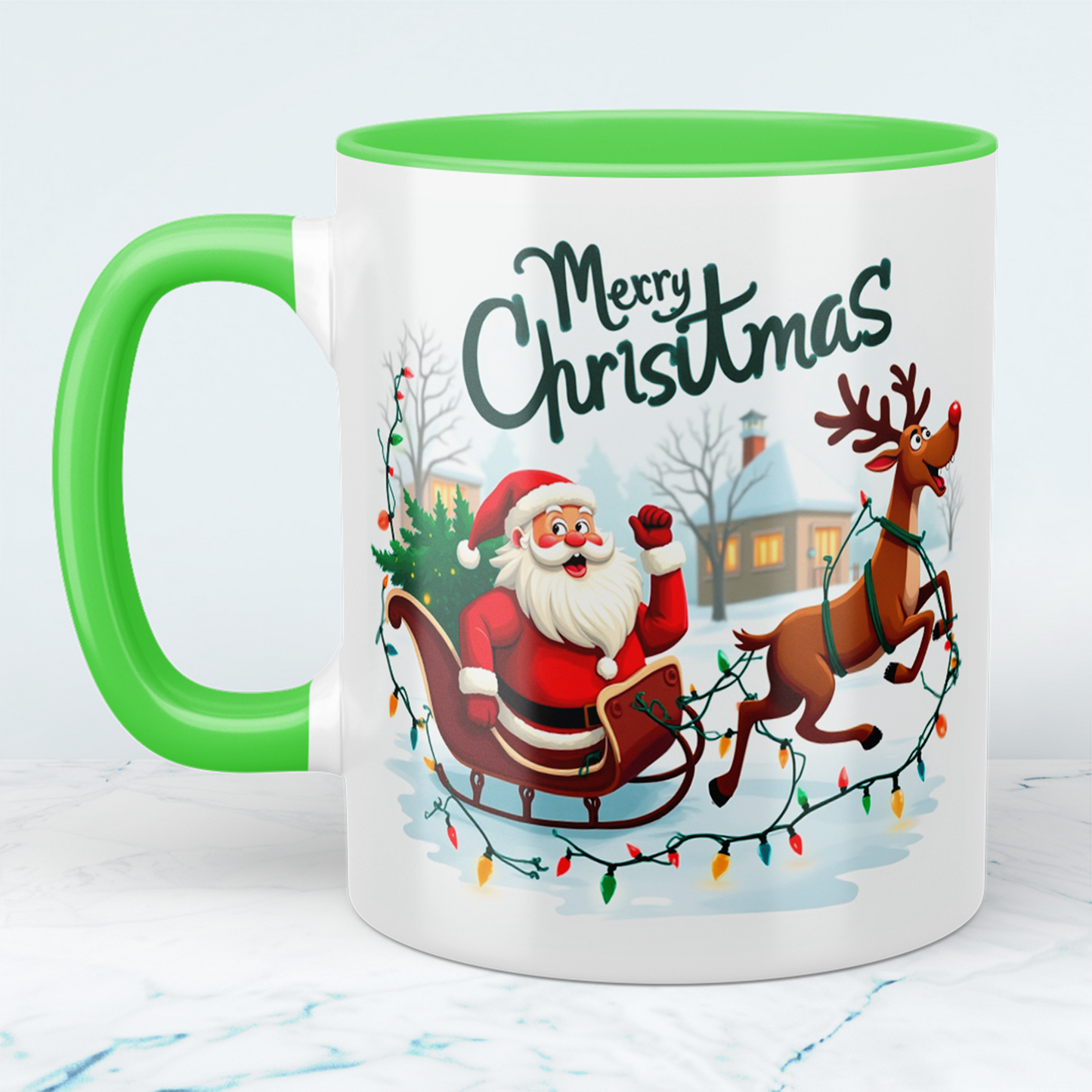 Witzige Tasse mit Weihnachtsmann, Schlitten und Rentier – ein zauberhaftes Geschenk für die Feiertage!