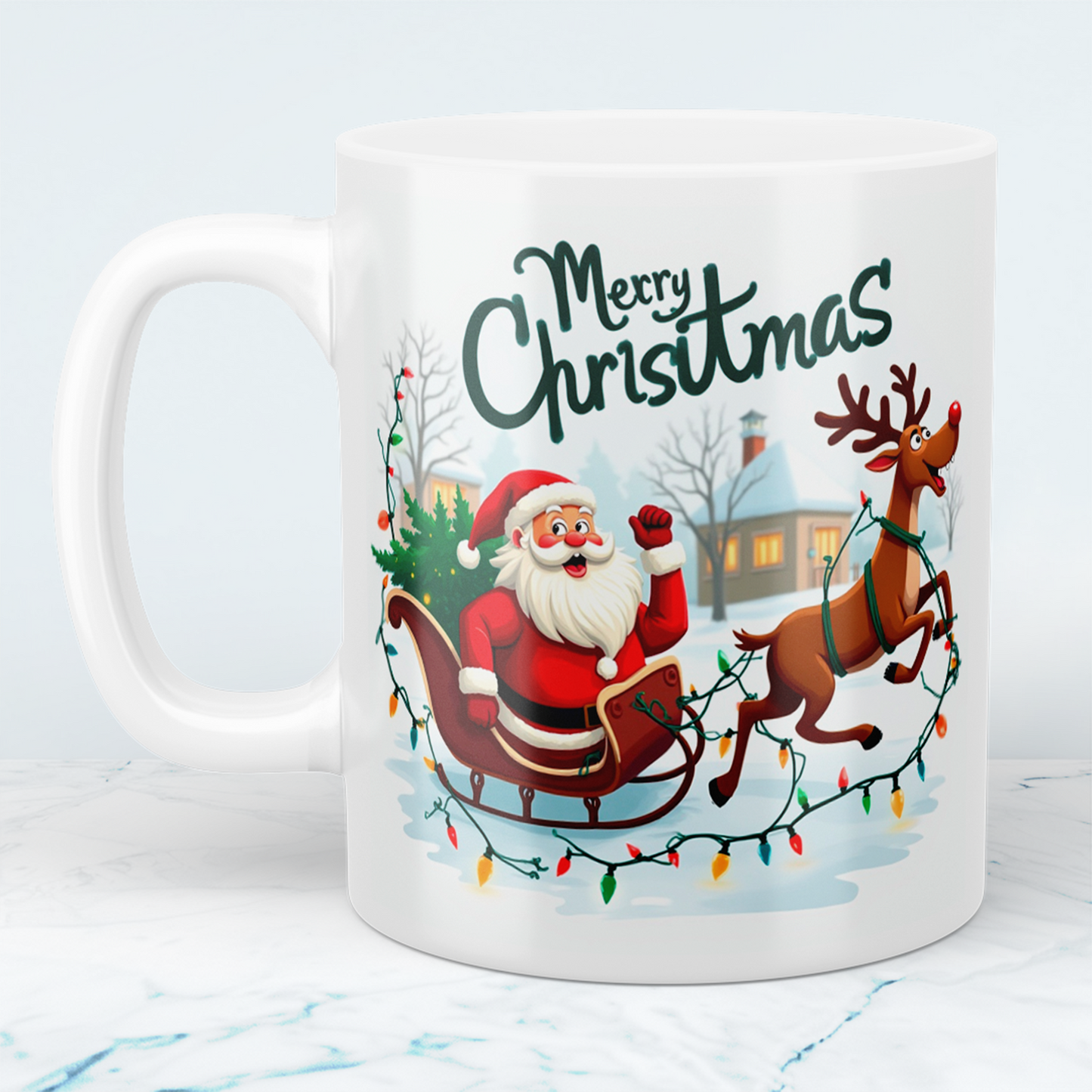 Witzige Tasse mit Weihnachtsmann, Schlitten und Rentier – ein zauberhaftes Geschenk für die Feiertage!