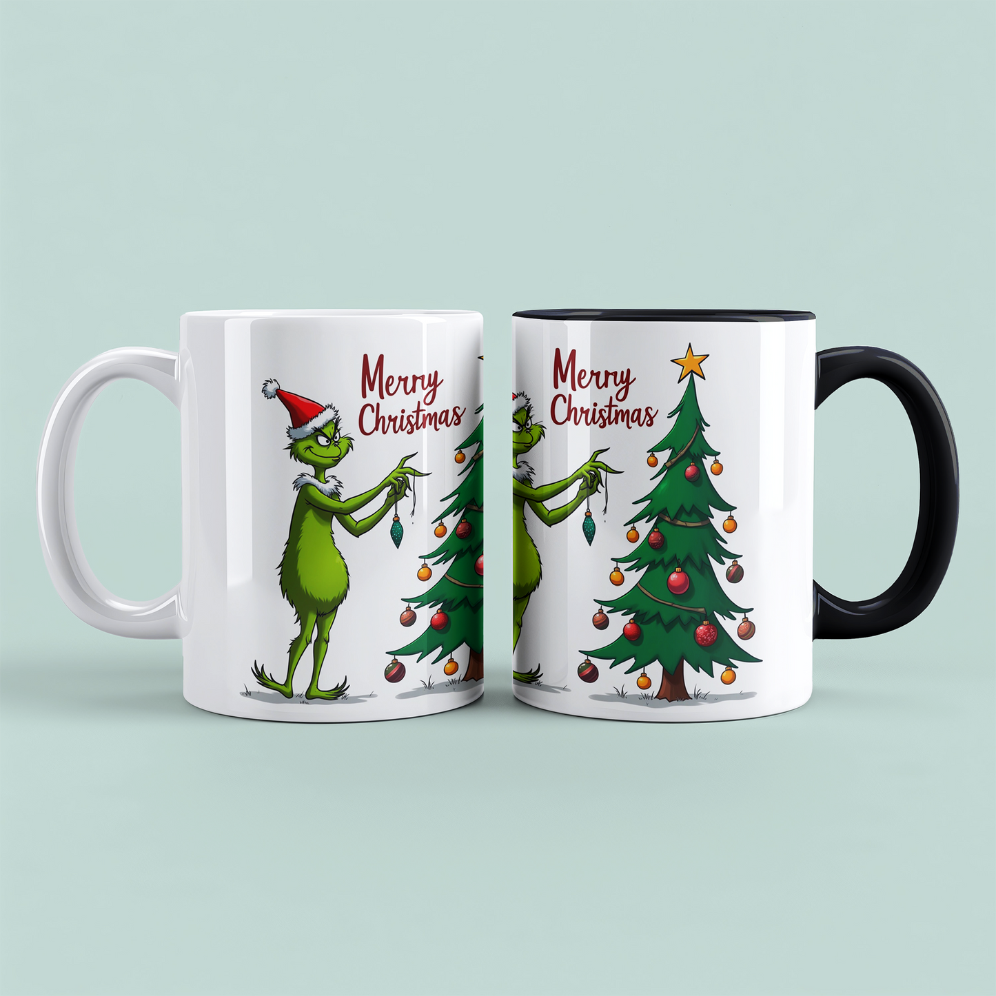 Lustige Weihnachts-Tasse mit Grinch, der den Weihnachtsbaum schmückt – tolles Geschenk zu Weihnachten!