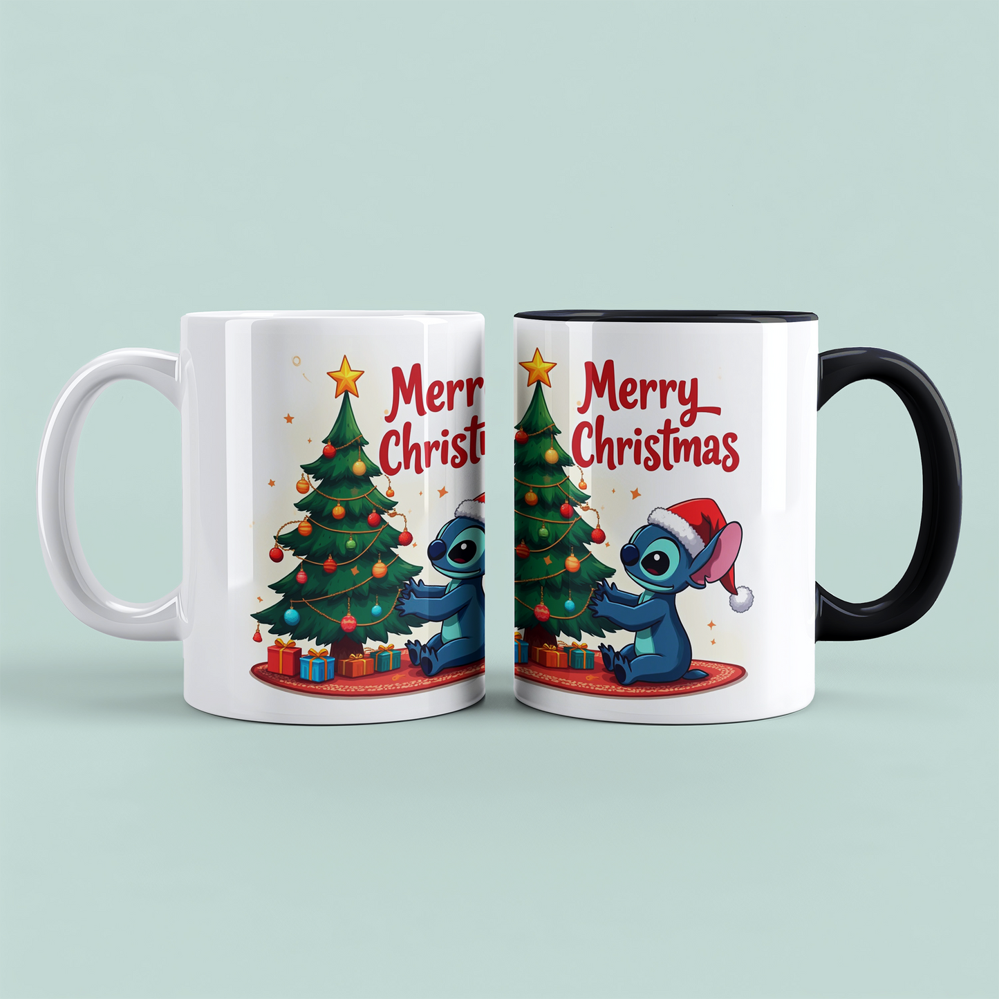 Lustige bedruckte Weihnachts-Tasse mit Stitch vor dem Weihnachtsbaum – Perfektes Geschenk für Weihnachten!