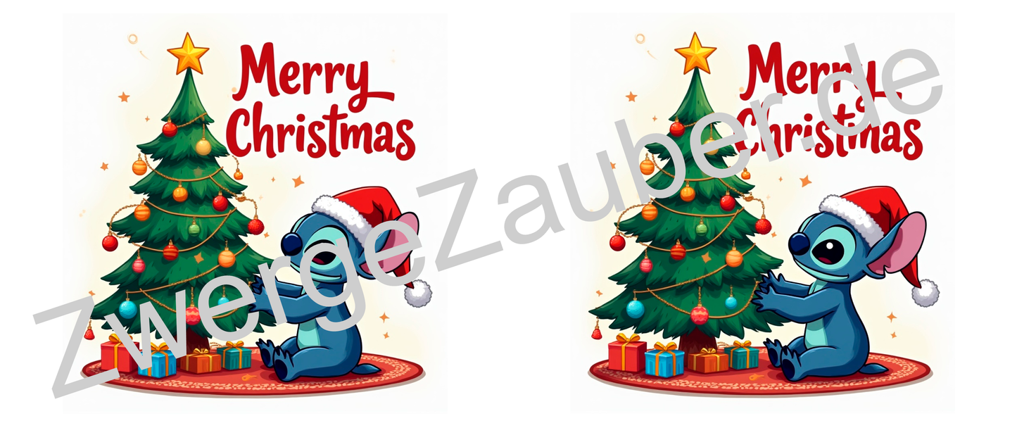 Lustige bedruckte Weihnachts-Tasse mit Stitch vor dem Weihnachtsbaum – Perfektes Geschenk für Weihnachten!