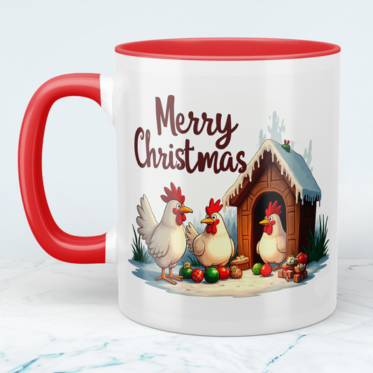Lustige bedruckte Weihnachtstasse mit fröhlichen Hühnern – Merry Christmas Geschenkidee!