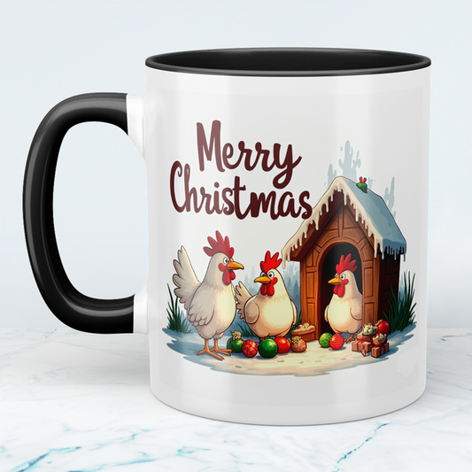 Lustige bedruckte Weihnachtstasse mit fröhlichen Hühnern – Merry Christmas Geschenkidee!