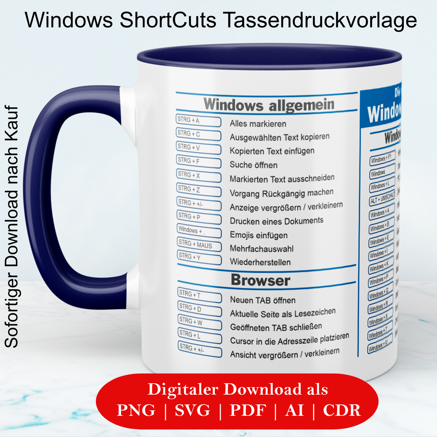 Windows ShortCuts Vorlage - Digitaler Download, lustige Tassen, Mockup Becher, Kaffeetassen, Sofort Drucken und Tasse erstellen