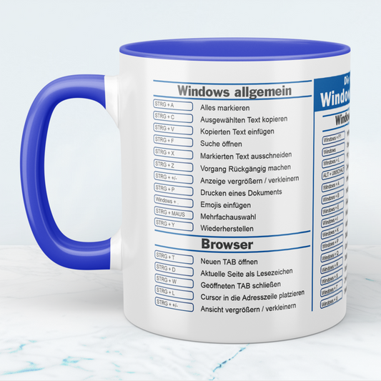 Tasse mit Windows Kurzbefehlen Shortcuts, Bedruckte Kaffeetasse, Bürogadget