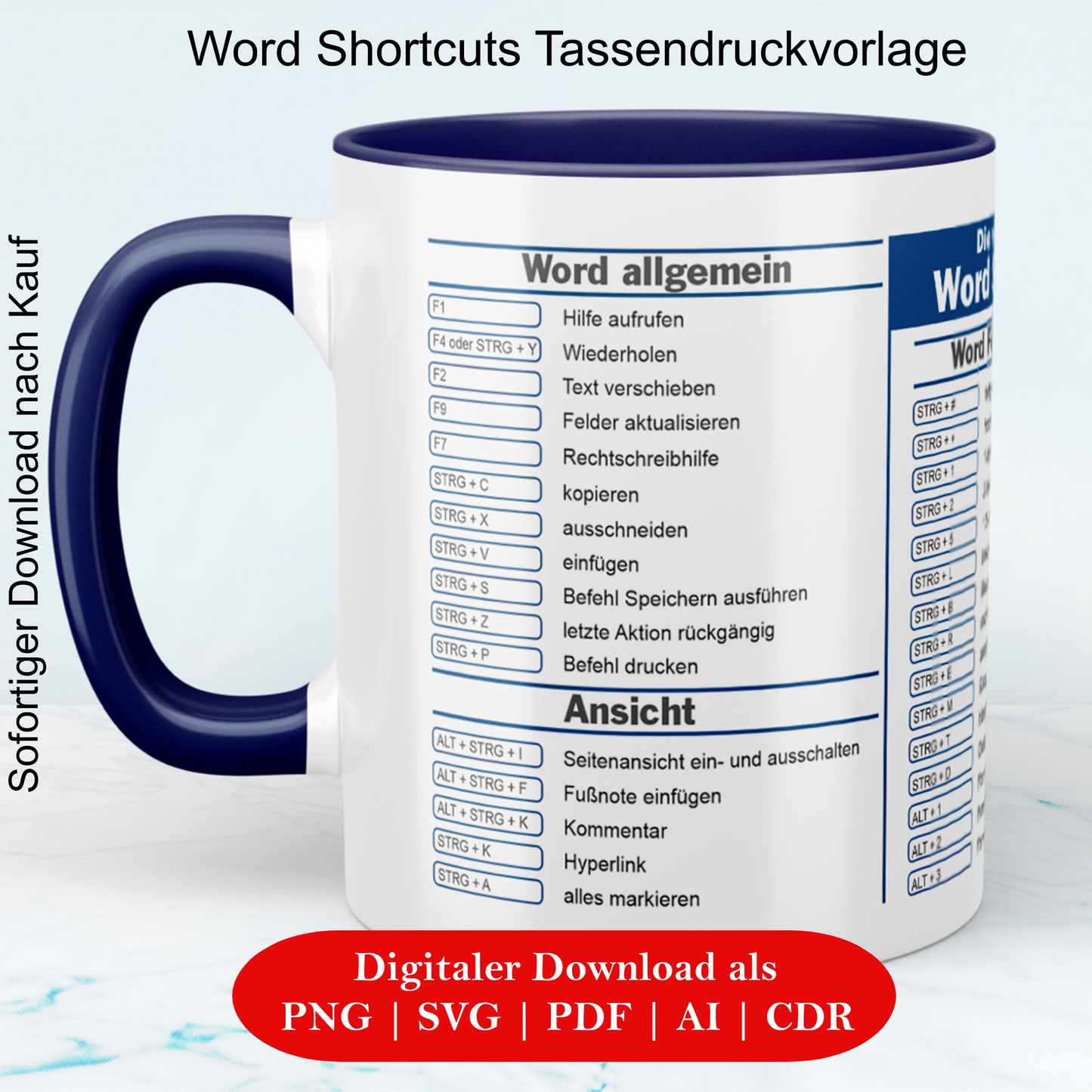 Word ShortCuts Vorlage - Digitaler Download, lustige Tassen, Mockup Becher, Kaffeetassen, Sofort Drucken und Tasse erstellen