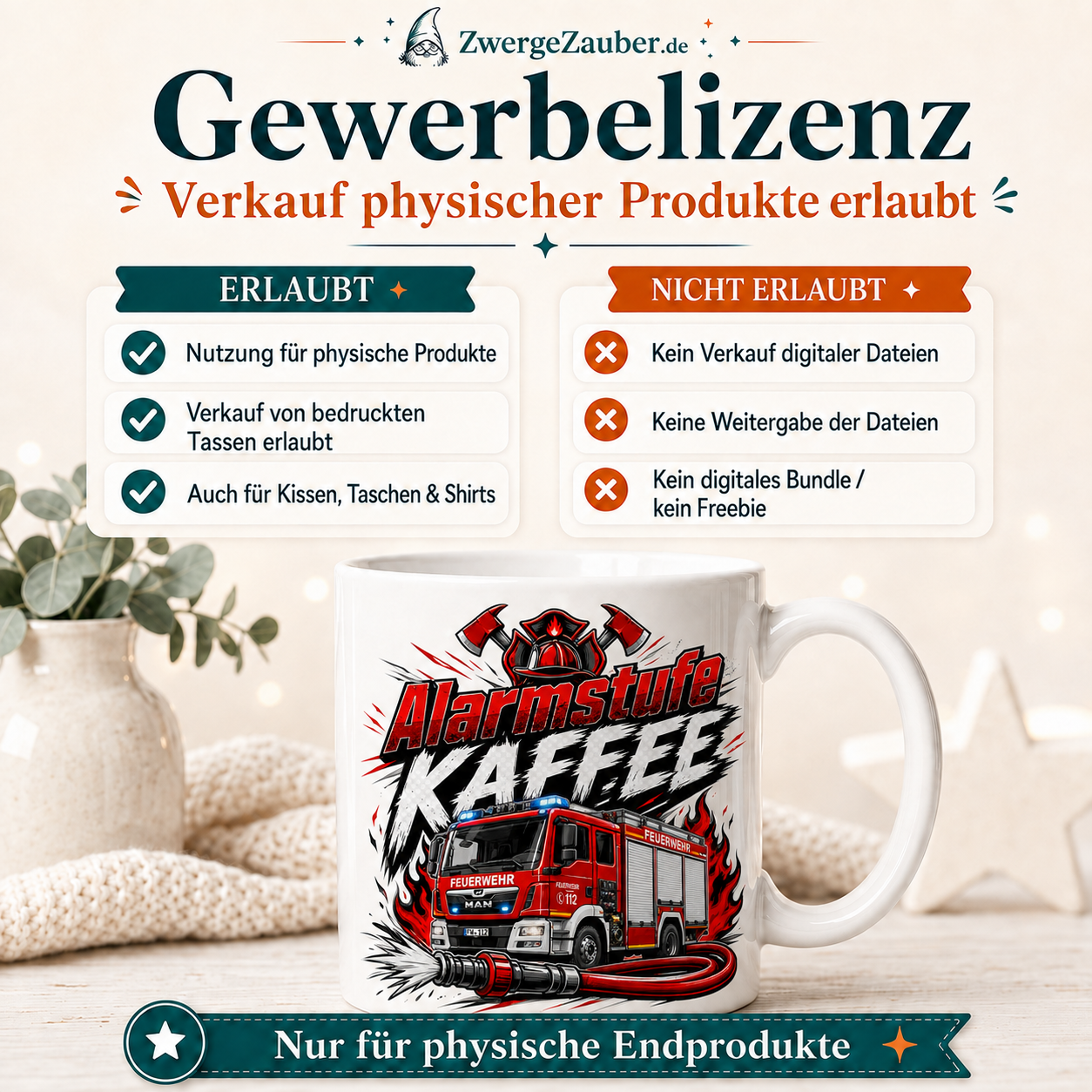 Verkaufsbild zur Gewerbelizenz für physische Endprodukte für das digitale Feuerwehr-Tassendesign Alarmstufe Kaffee.