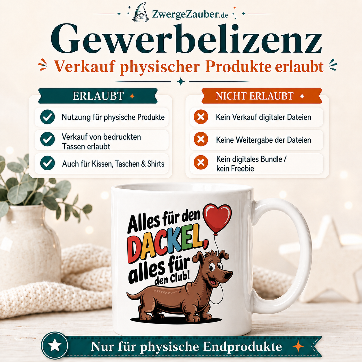 Verkaufsbild zur Gewerbelizenz für physische Endprodukte mit dem Dackel-Tassendesign.