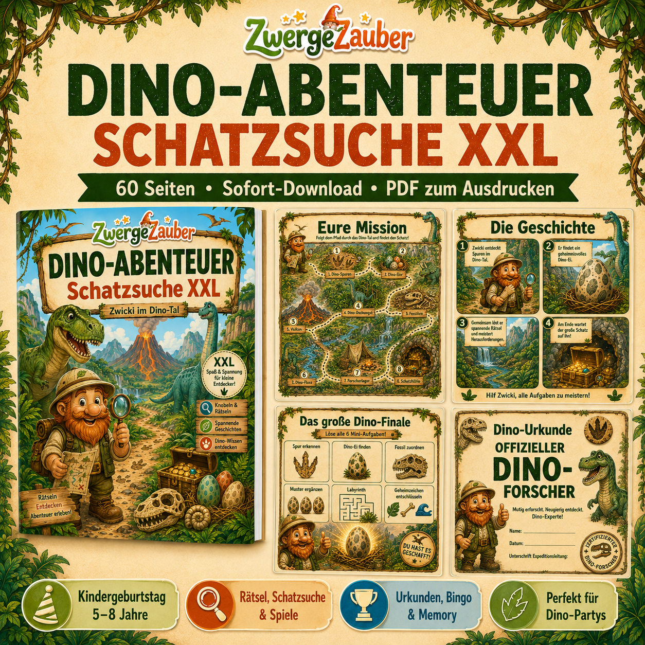 Dino-Abenteuer Schatzsuche XXL von ZwergeZauber mit 60 Seiten, Zwicki, Dino-Rätseln, Schatzsuche und Bonusmaterial für Kinder