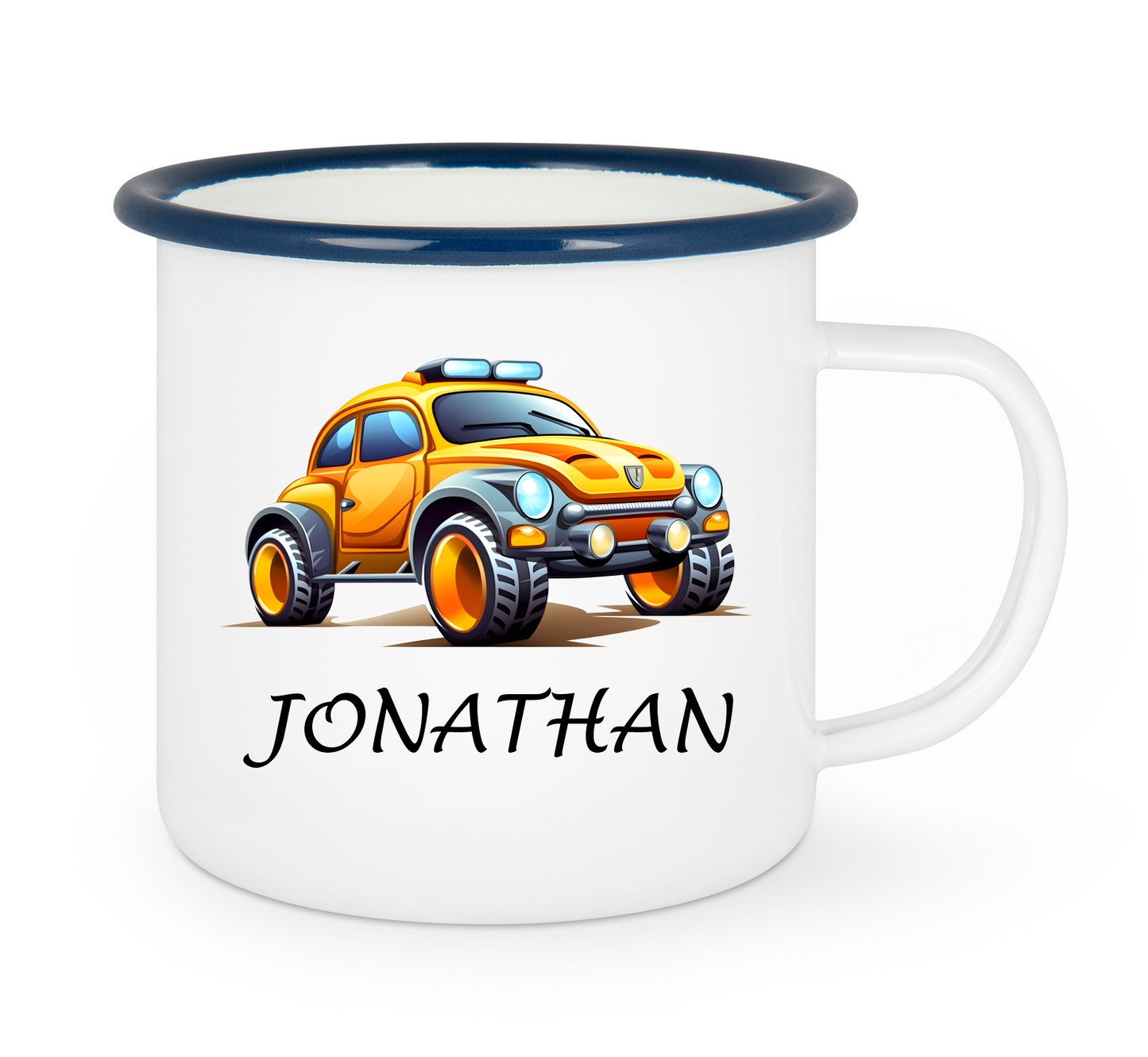 Kindertasse Emaille mit personalisierten Namen, blauer Rand