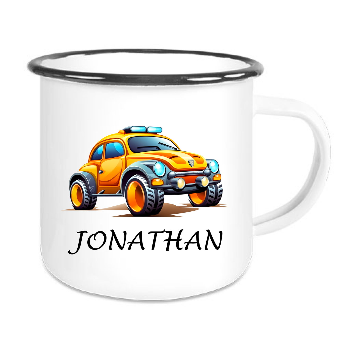 Kindertasse Emaille mit personalisierten Namen, schwarzer Rand