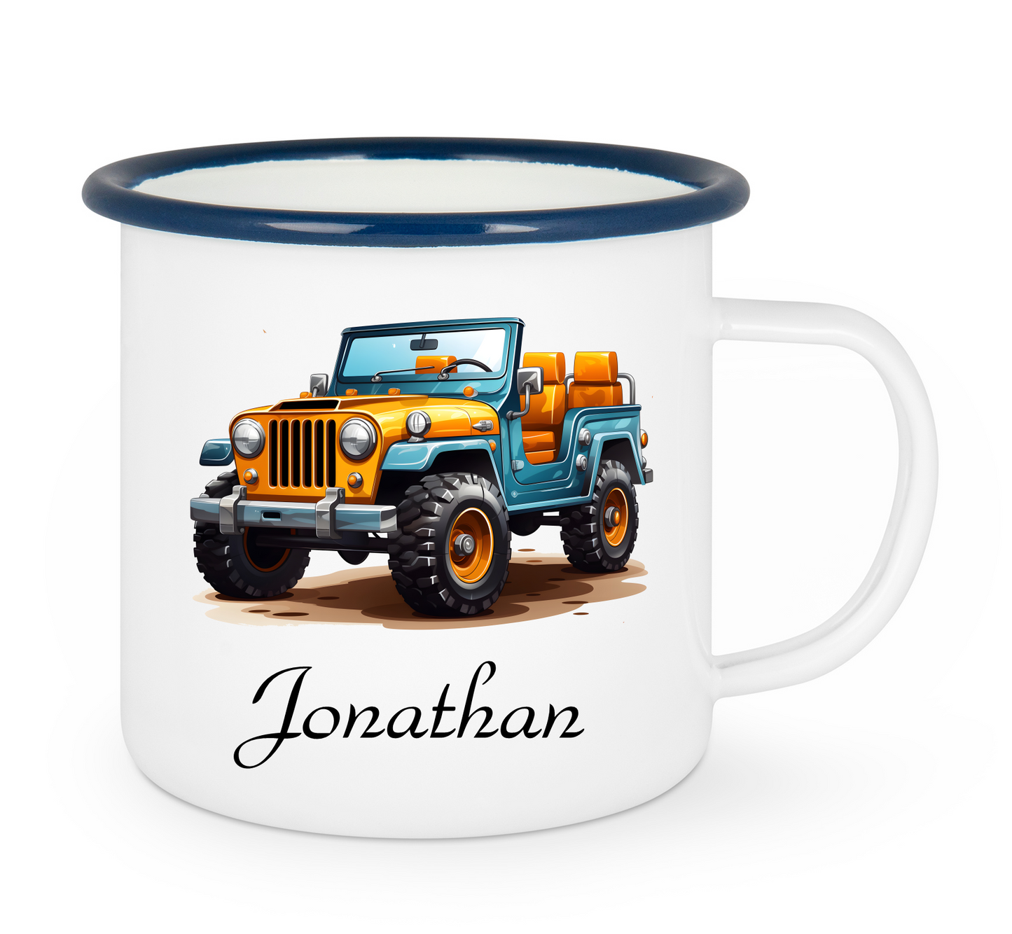 Kindertasse Emaille mit personalisierten Namen, blauer Rand