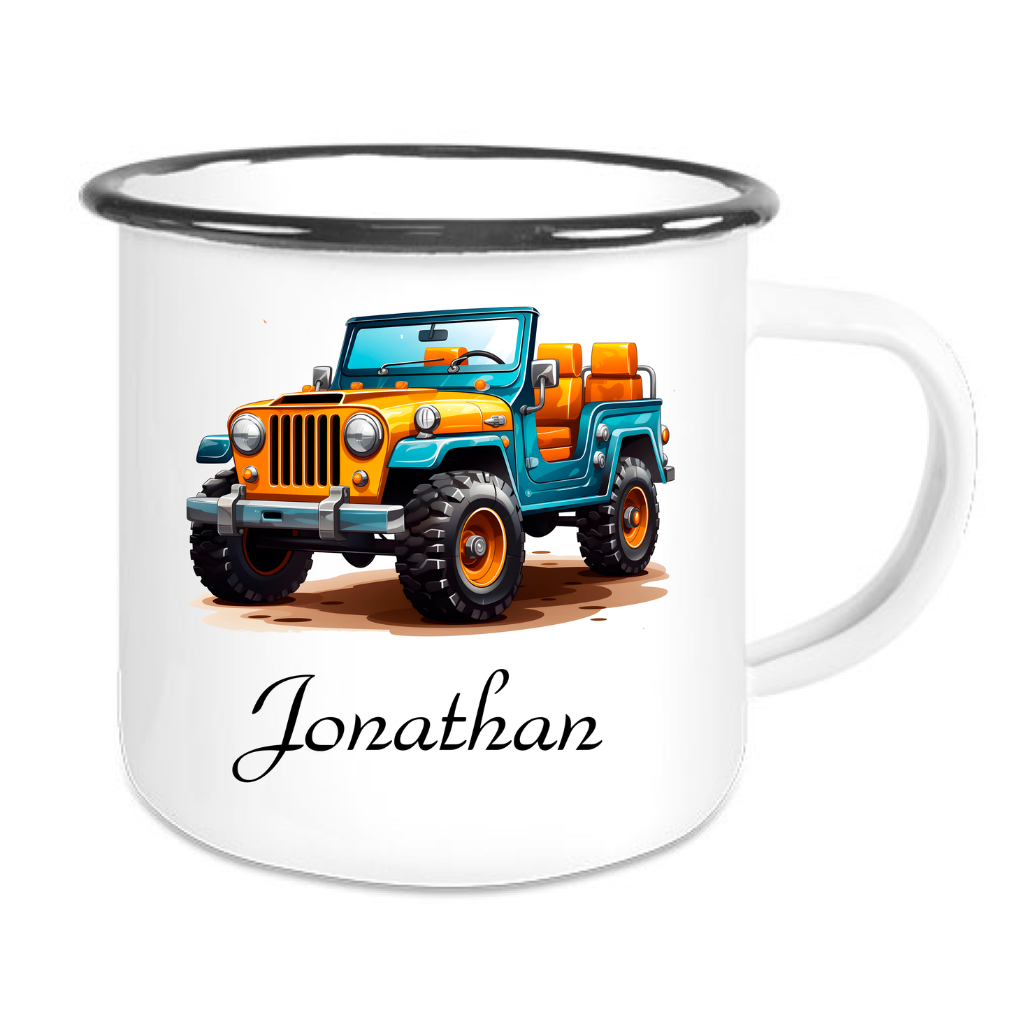 Kindertasse Emaille mit personalisierten Namen, schwarzer Rand