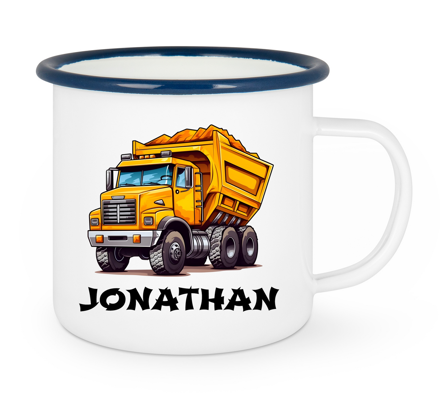 Kindertasse Emaille mit personalisierten Namen, blauer Rand