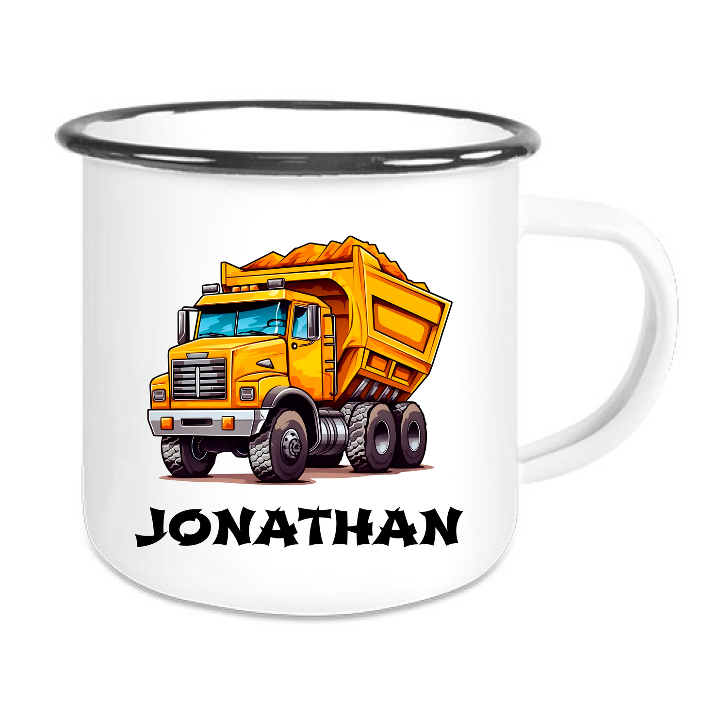Kindertasse Emaille mit personalisierten Namen, schwarzer Rand