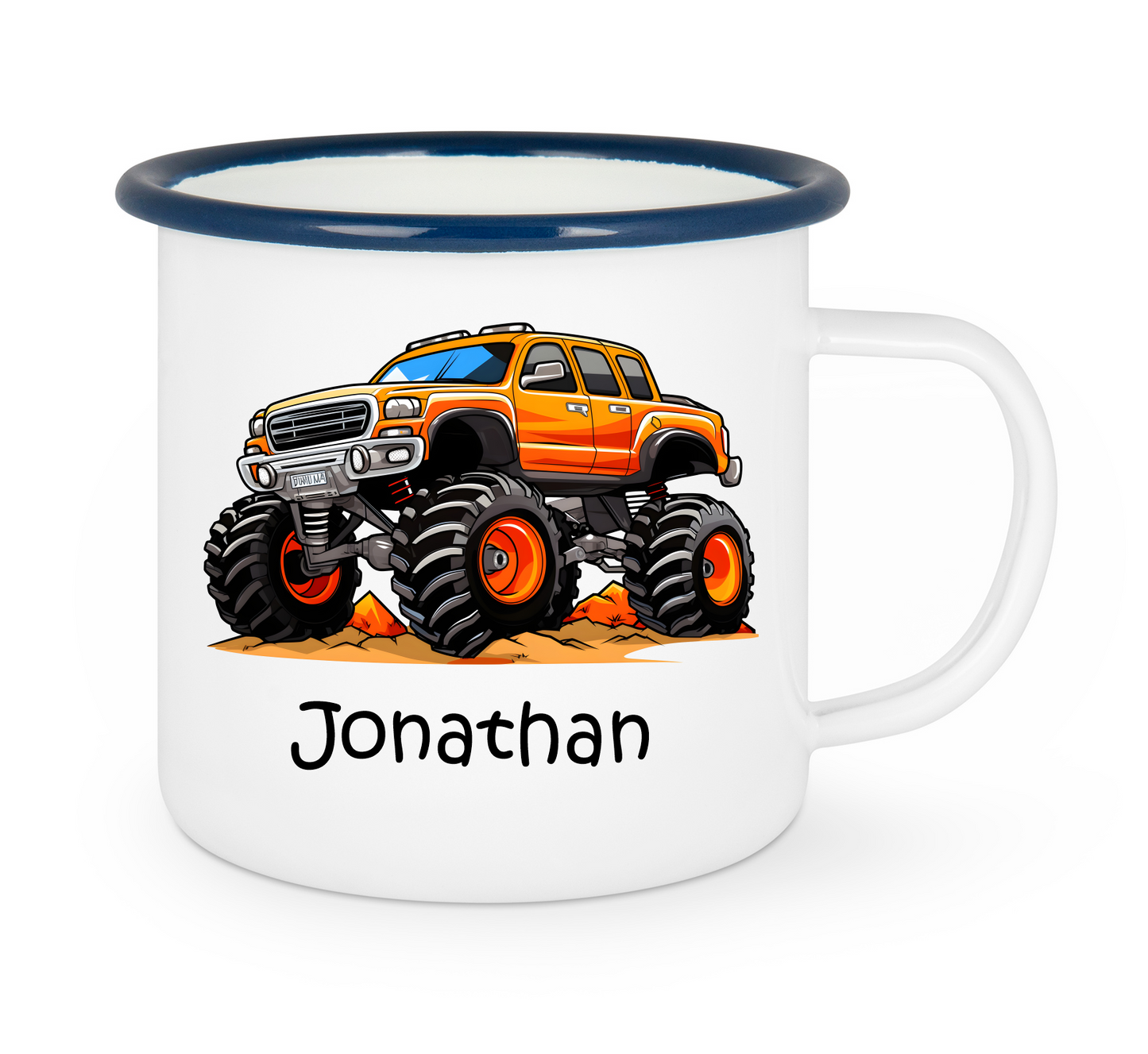 Kindertasse Emaille mit personalisierten Namen, blauer Rand