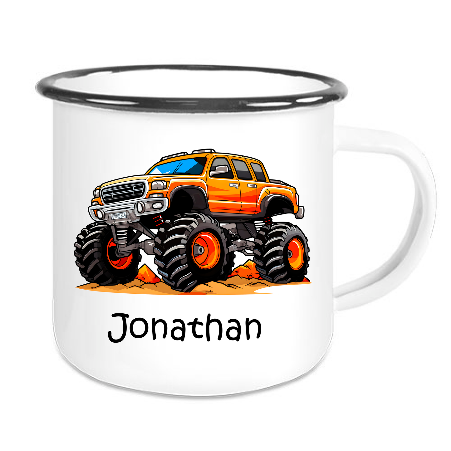 Kindertasse Emaille mit personalisierten Namen, schwarzer Rand