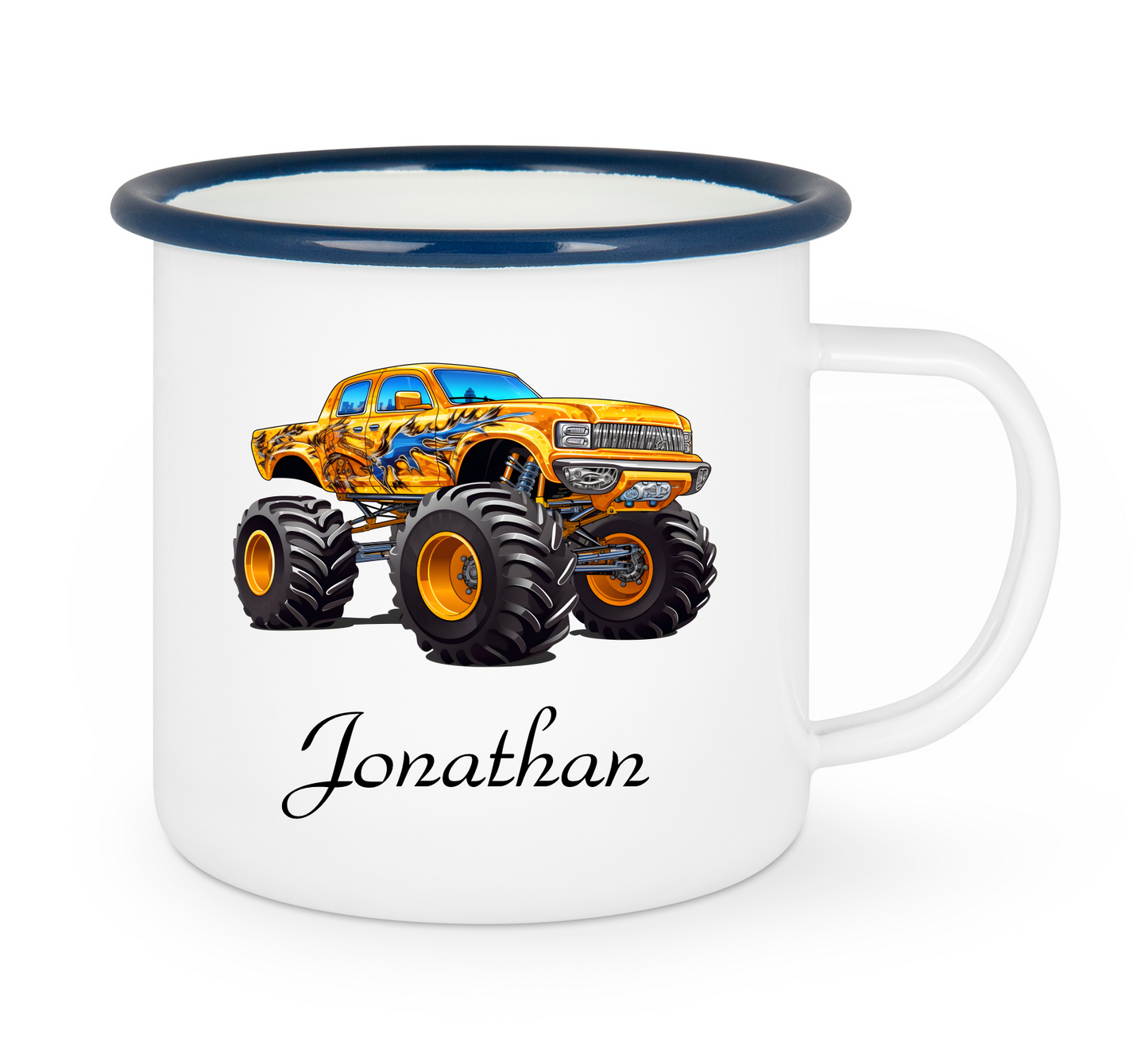 Kindertasse Emaille mit personalisierten Namen, blauer Rand