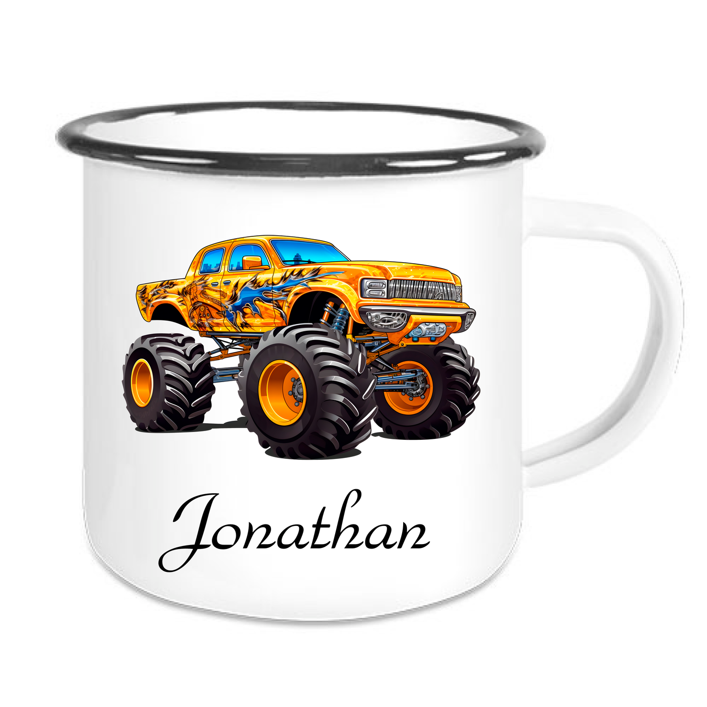 Kindertasse Emaille mit personalisierten Namen, schwarzer Rand