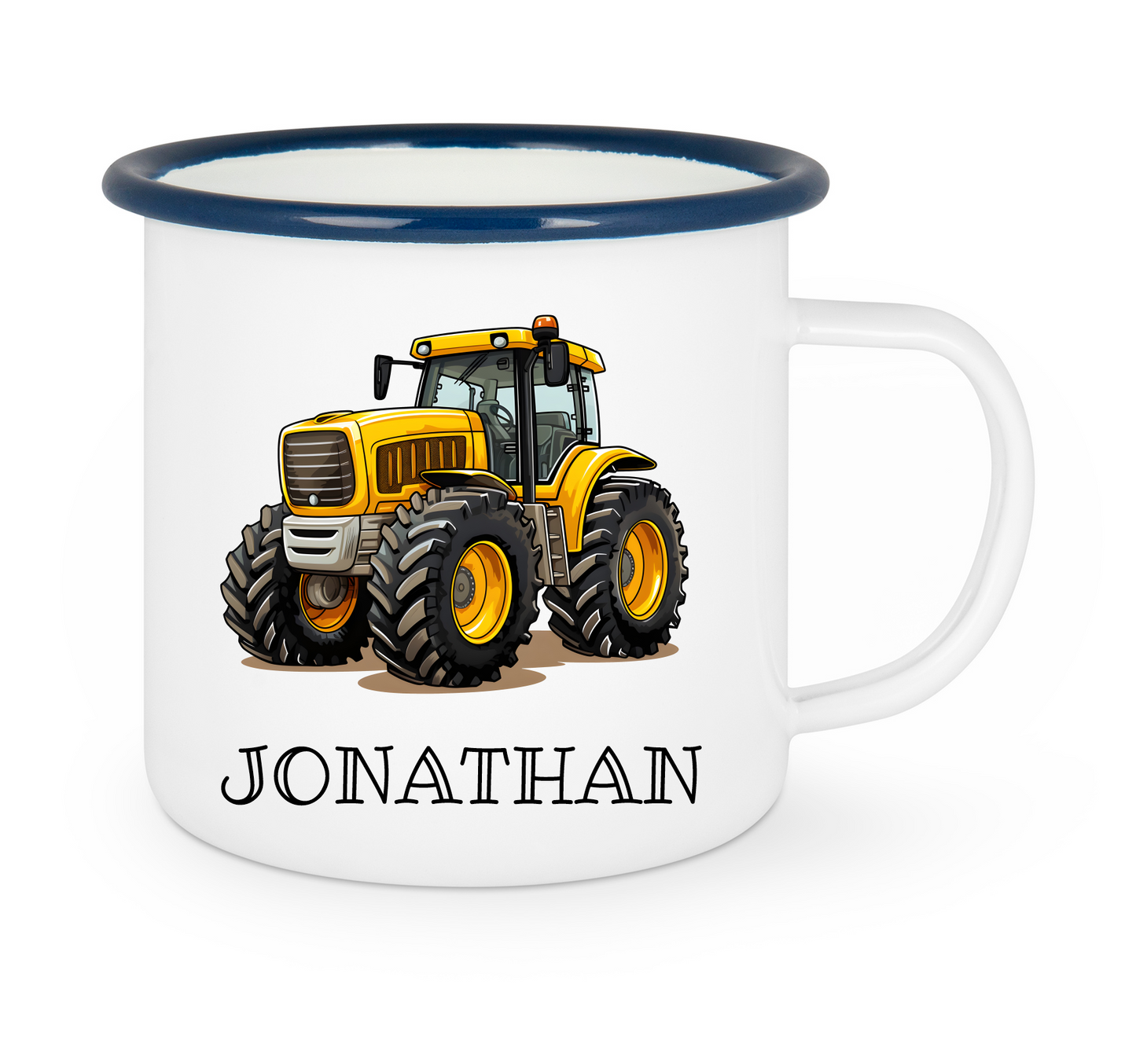 Kindertasse Emaille mit personalisierten Namen, blauer Rand