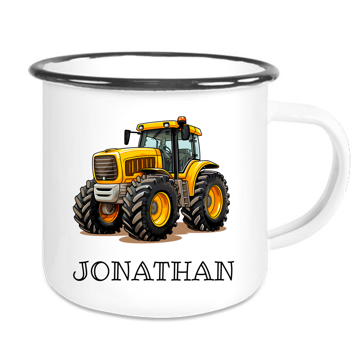 Kindertasse Emaille mit personalisierten Namen, schwarzer Rand