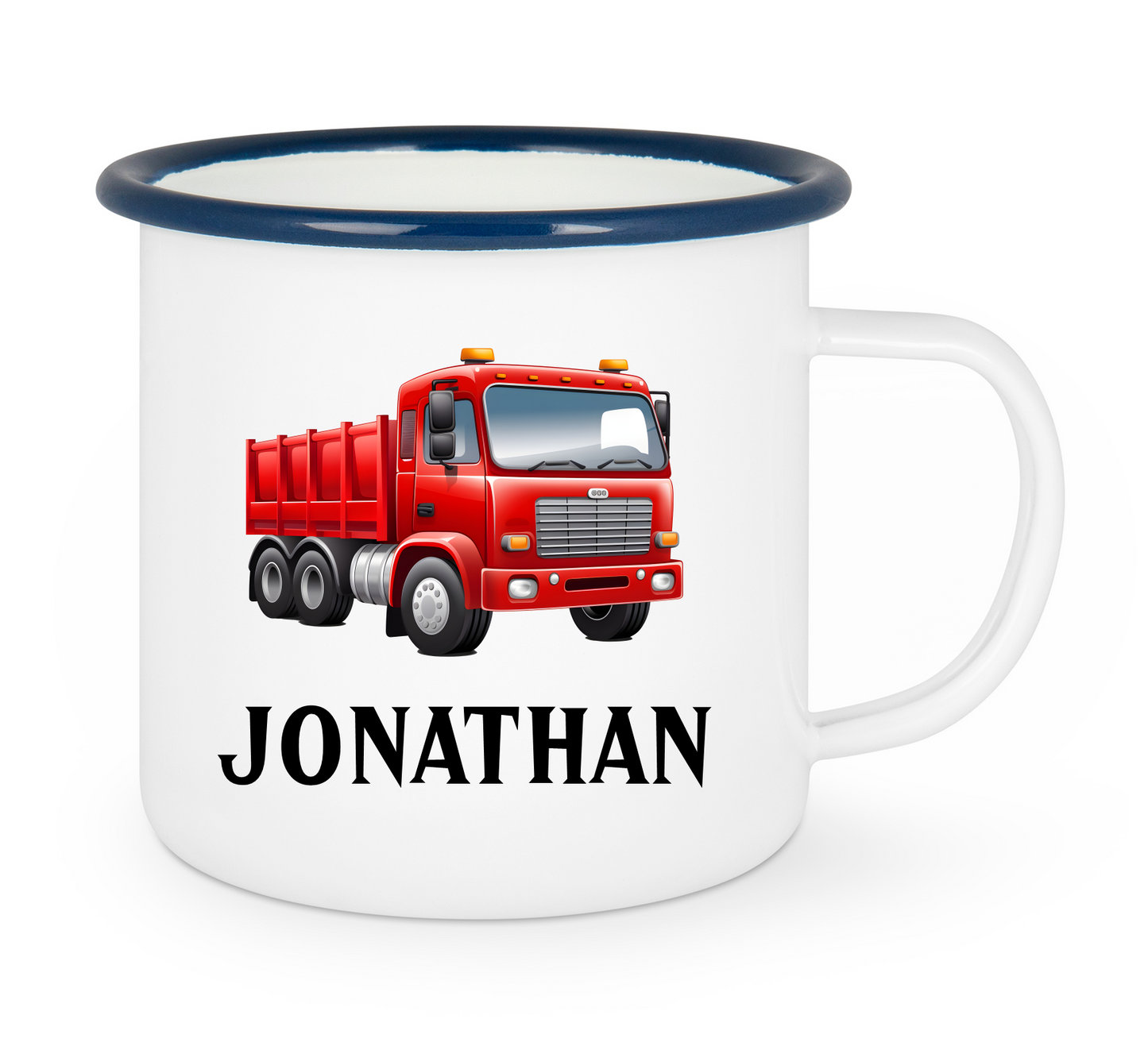 Kindertasse Emaille mit personalisierten Namen, blauer Rand