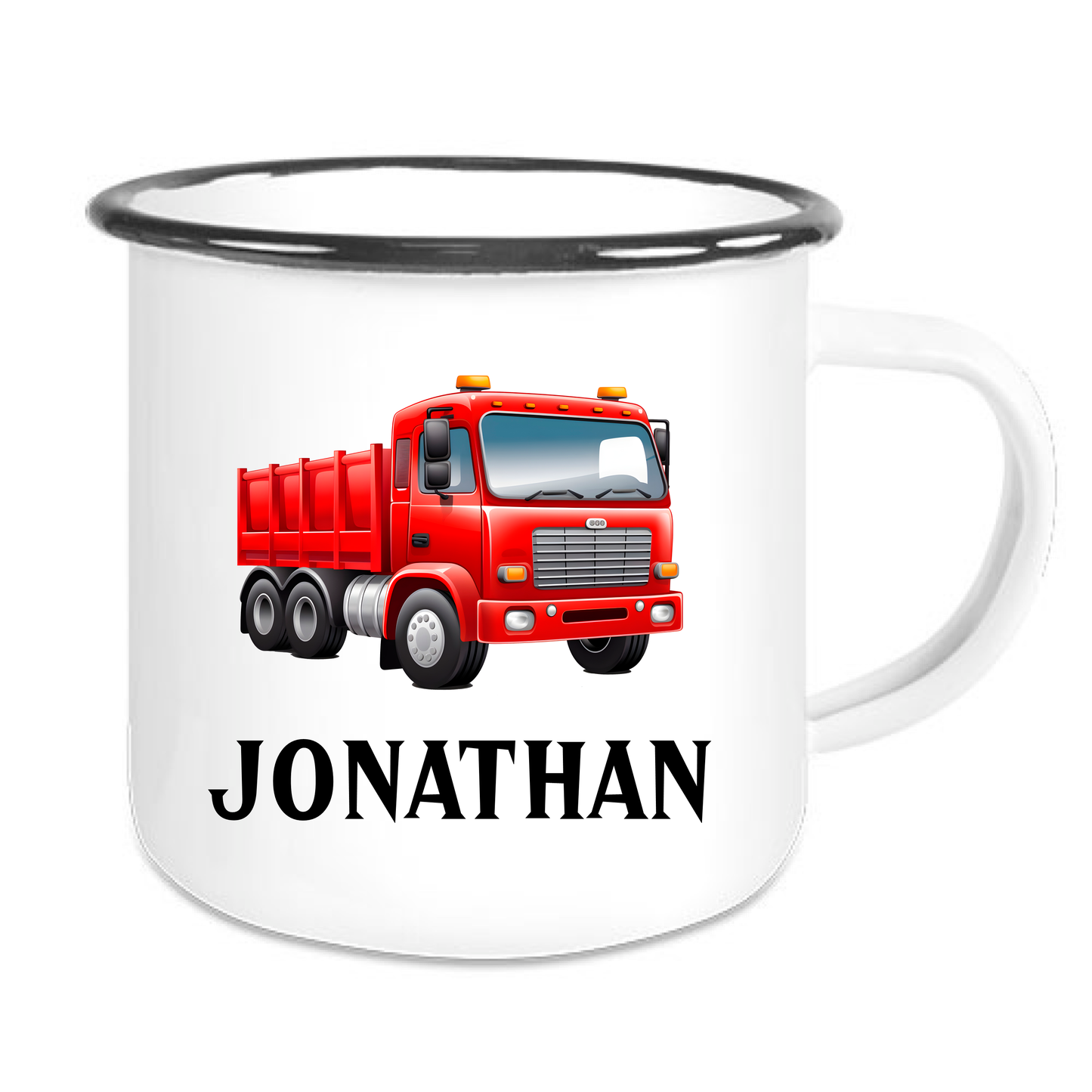 Kindertasse Emaille mit personalisierten Namen, schwarzer Rand