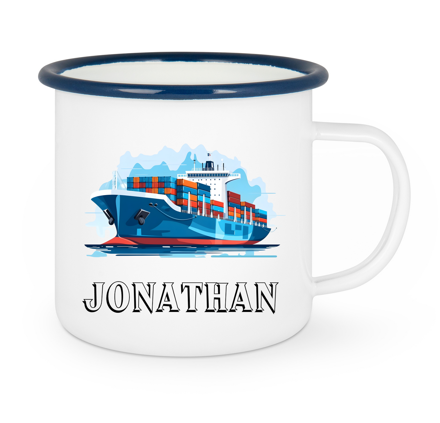 Kindertasse Emaille mit personalisierten Namen, blauer Rand
