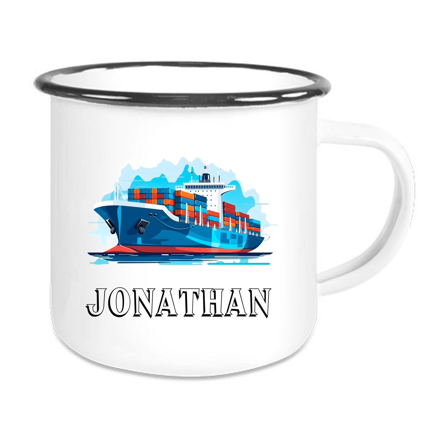 Kindertasse Emaille mit personalisierten Namen, schwarzer Rand