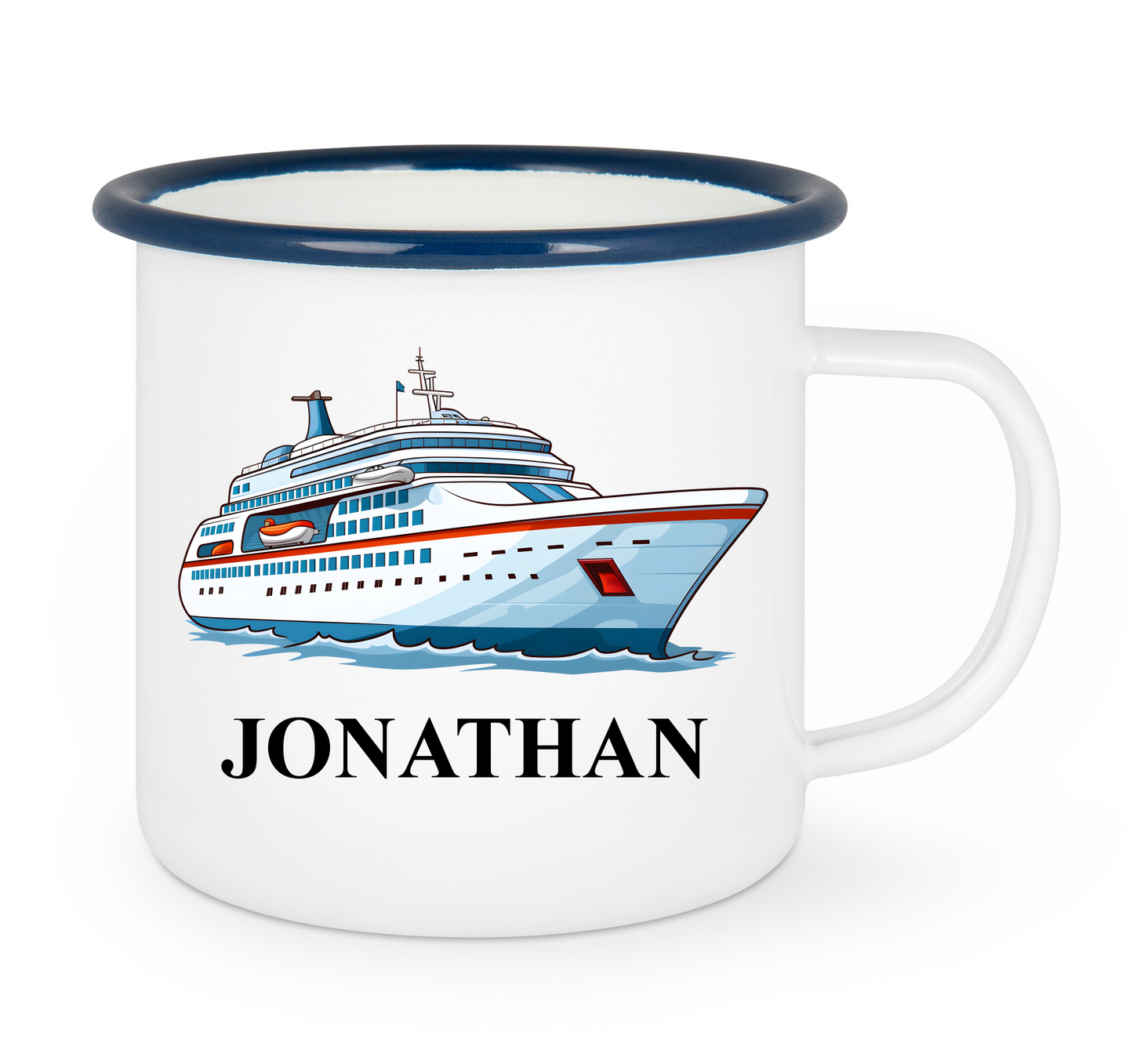 Kindertasse Emaille mit personalisierten Namen, blauer Rand