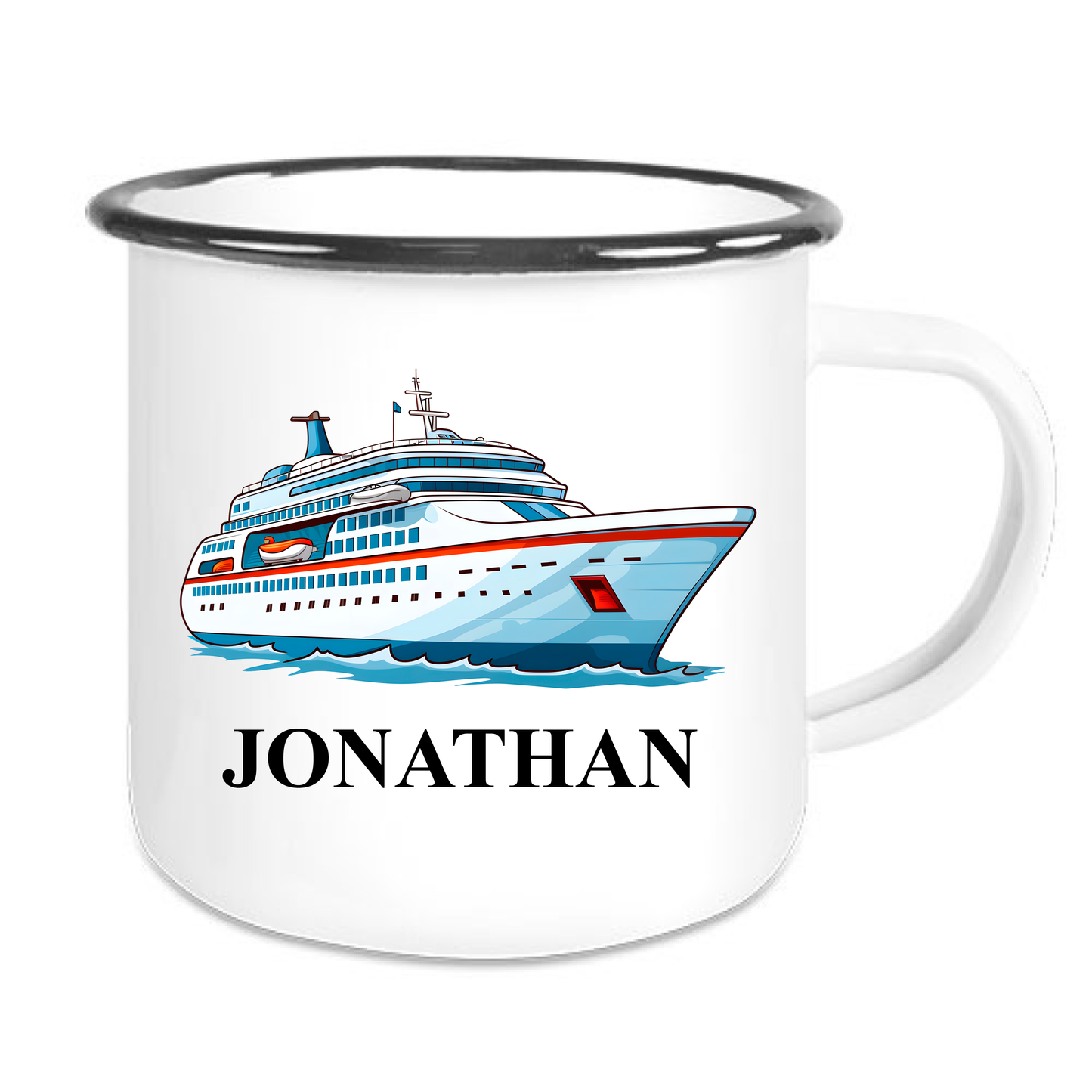 Kindertasse Emaille mit personalisierten Namen, schwarzer Rand