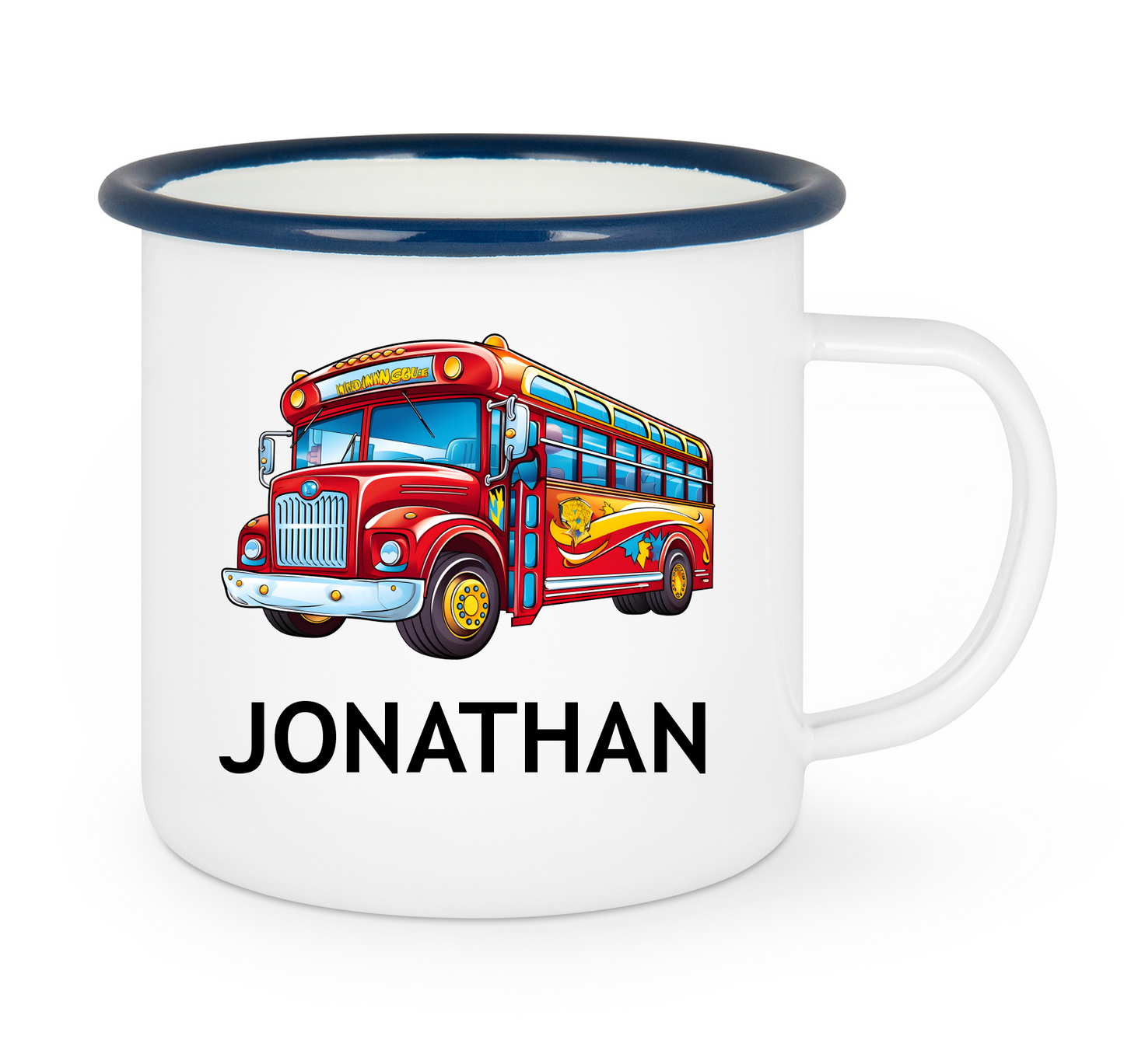 Kindertasse Emaille mit personalisierten Namen, blauer Rand