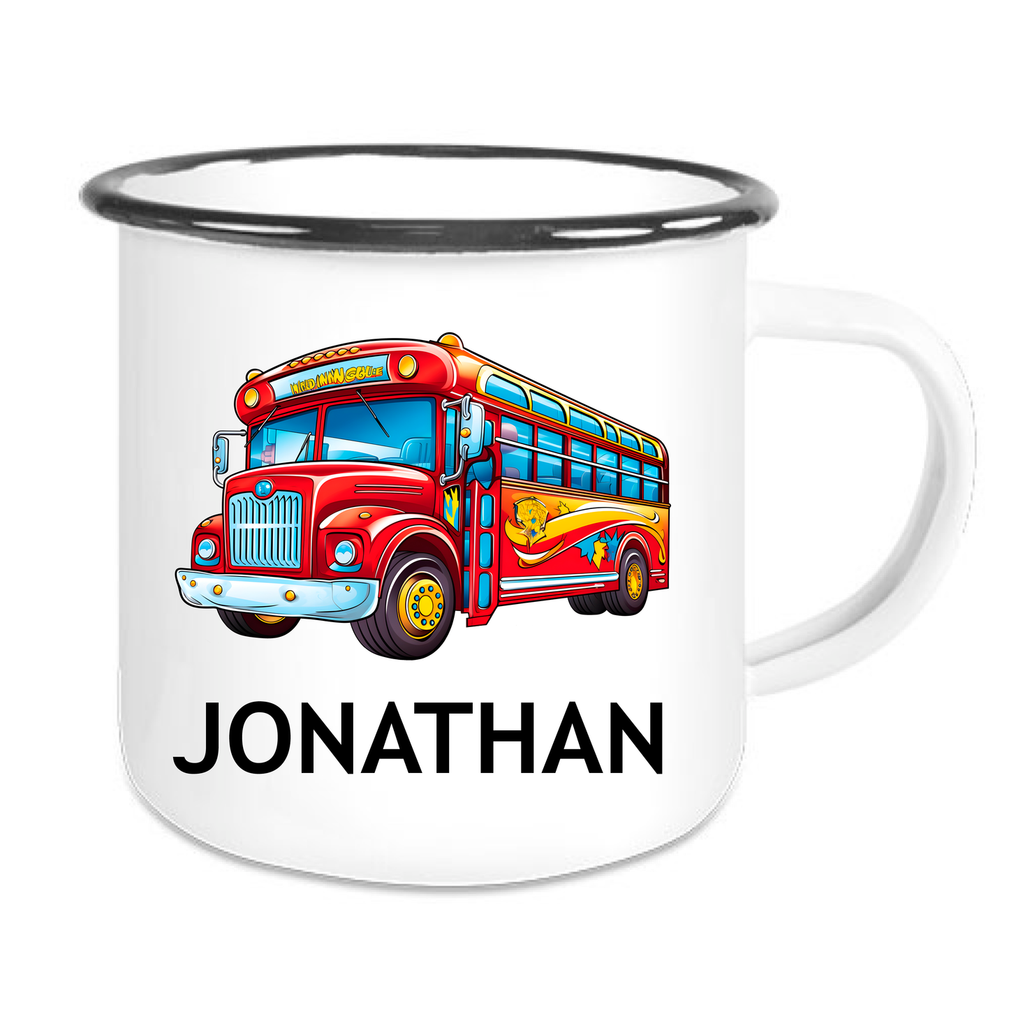 Kindertasse Emaille mit personalisierten Namen, schwarzer Rand
