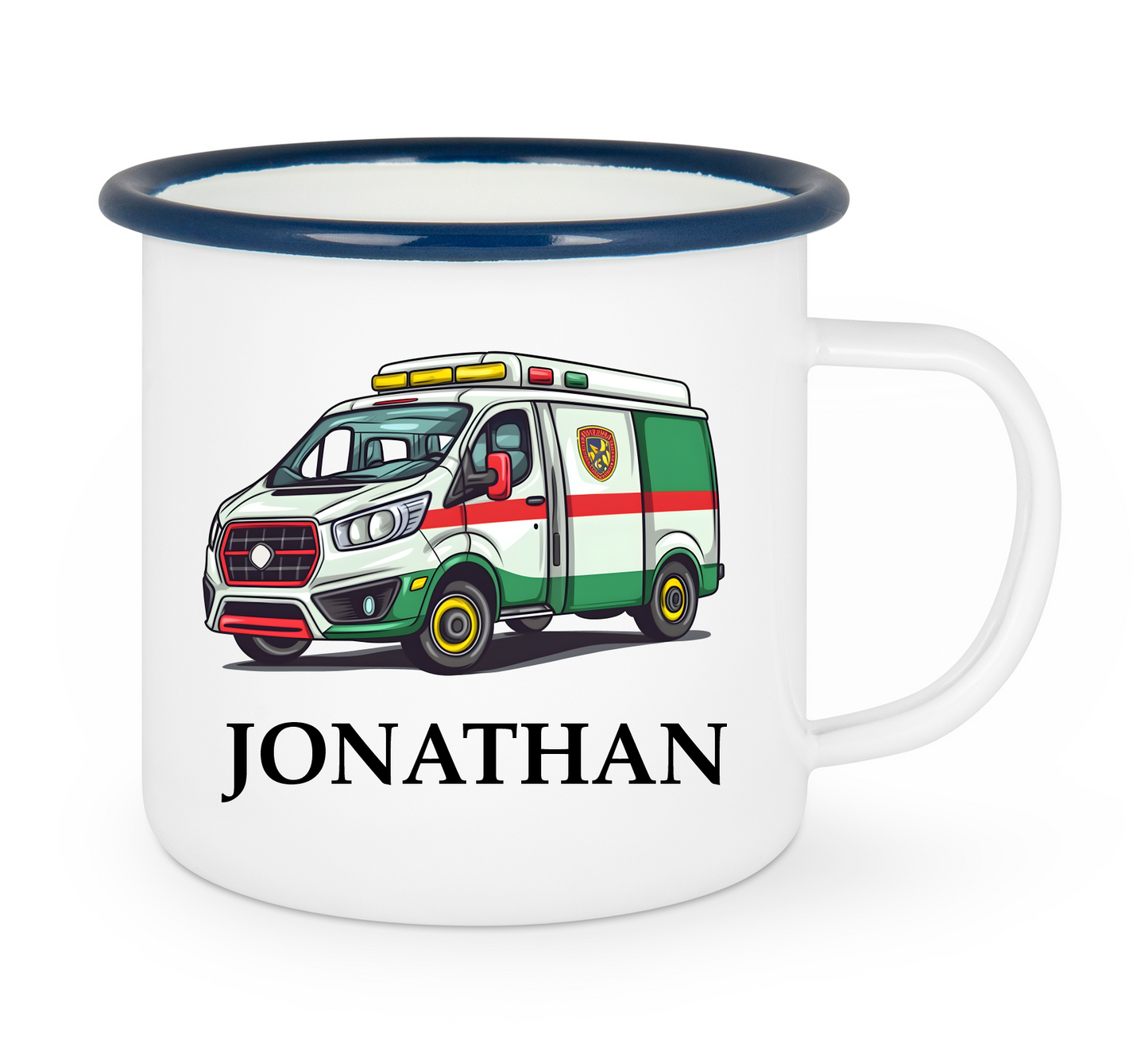 Kindertasse Emaille mit personalisierten Namen, blauer Rand
