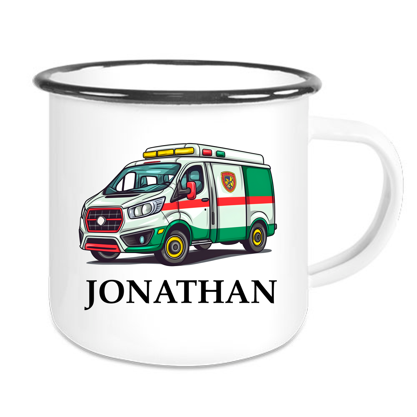 Kindertasse Emaille mit personalisierten Namen, schwarzer Rand